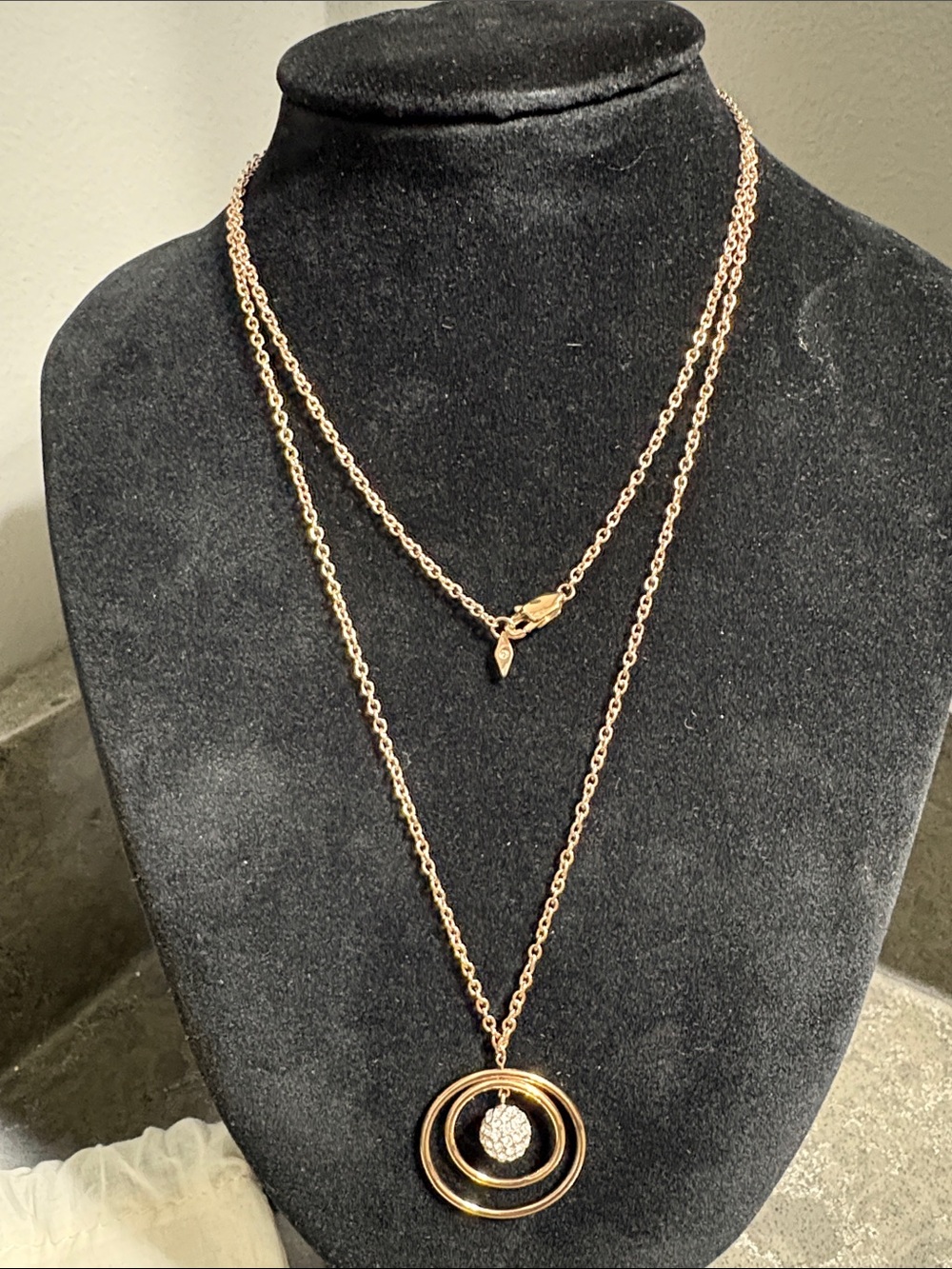 Fossil Rose Gold Double-Layer Circle Necklace with Crystal Drop